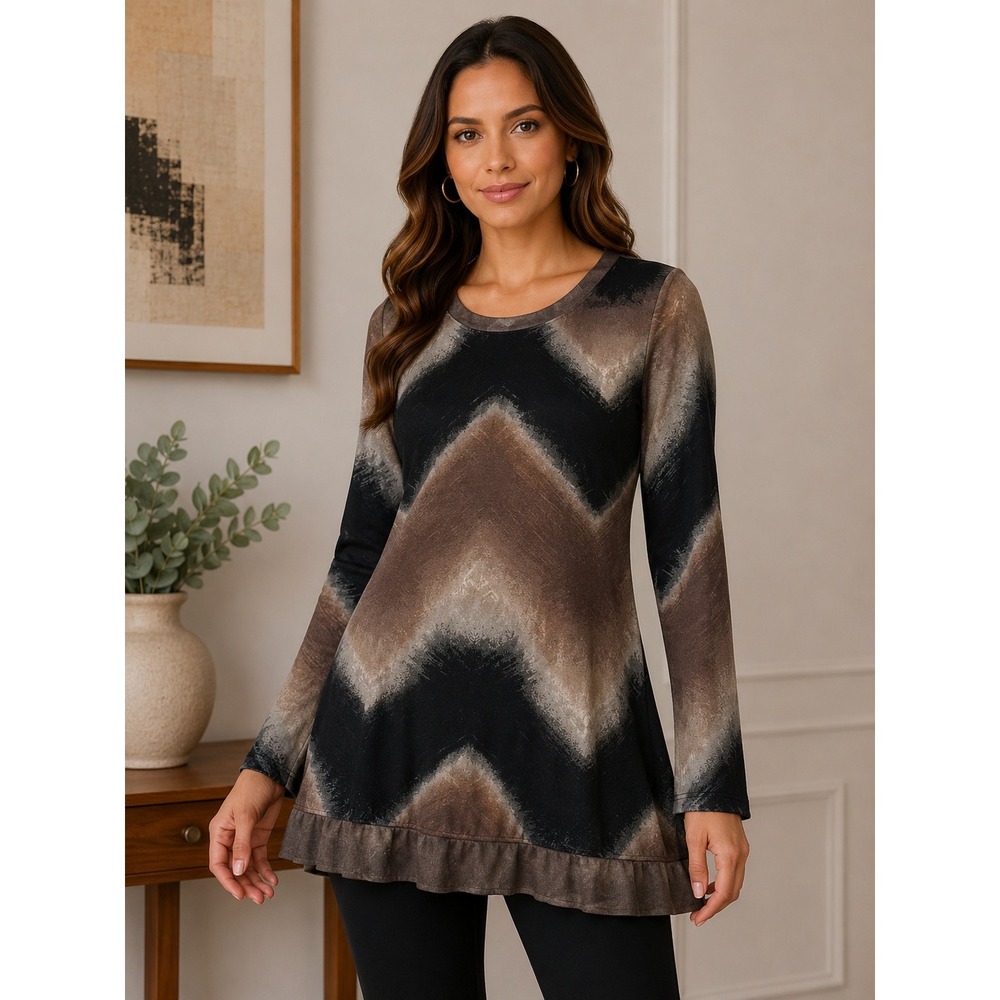 Frazzle Women's Medium Zig Zag Print Long Sleeve Tunic Top Brown Black Gray